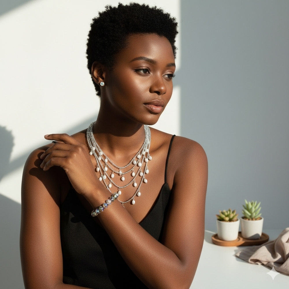 Silver Necklace and White Pearl Beading